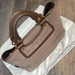 Celine Macadam Monogram Triomphe Top Handle Bag Suede Brown Tan Vintage Handbag
